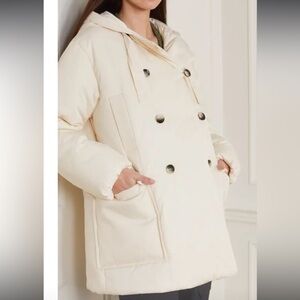 Ganni  Hooded Double Breasted  Padded Recycled Shell Coat in Buttercream